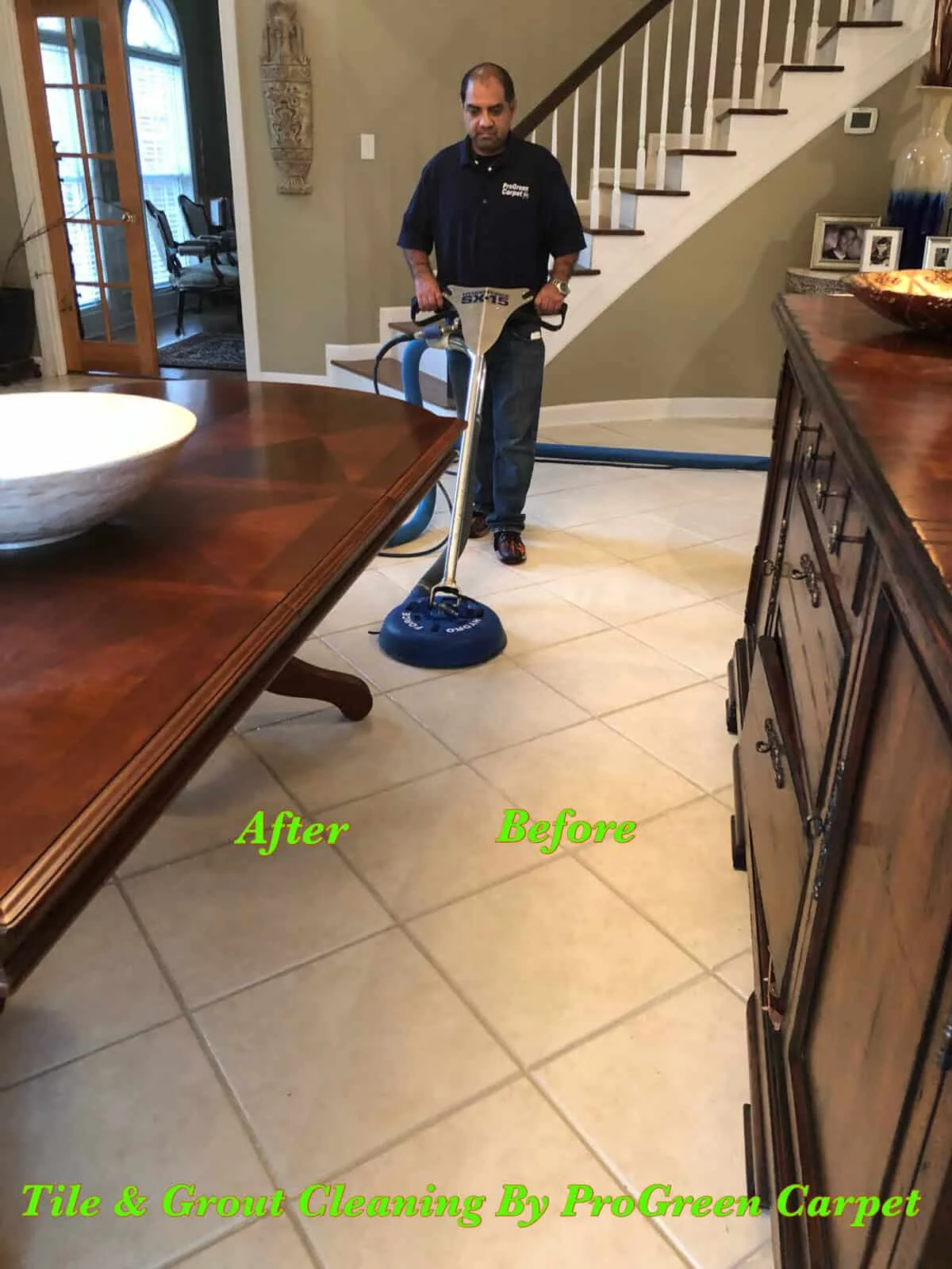 Tile and grout cleaning in Raleigh & Durham NC – ProGreen technician deep cleaning kitchen or bathroom tile