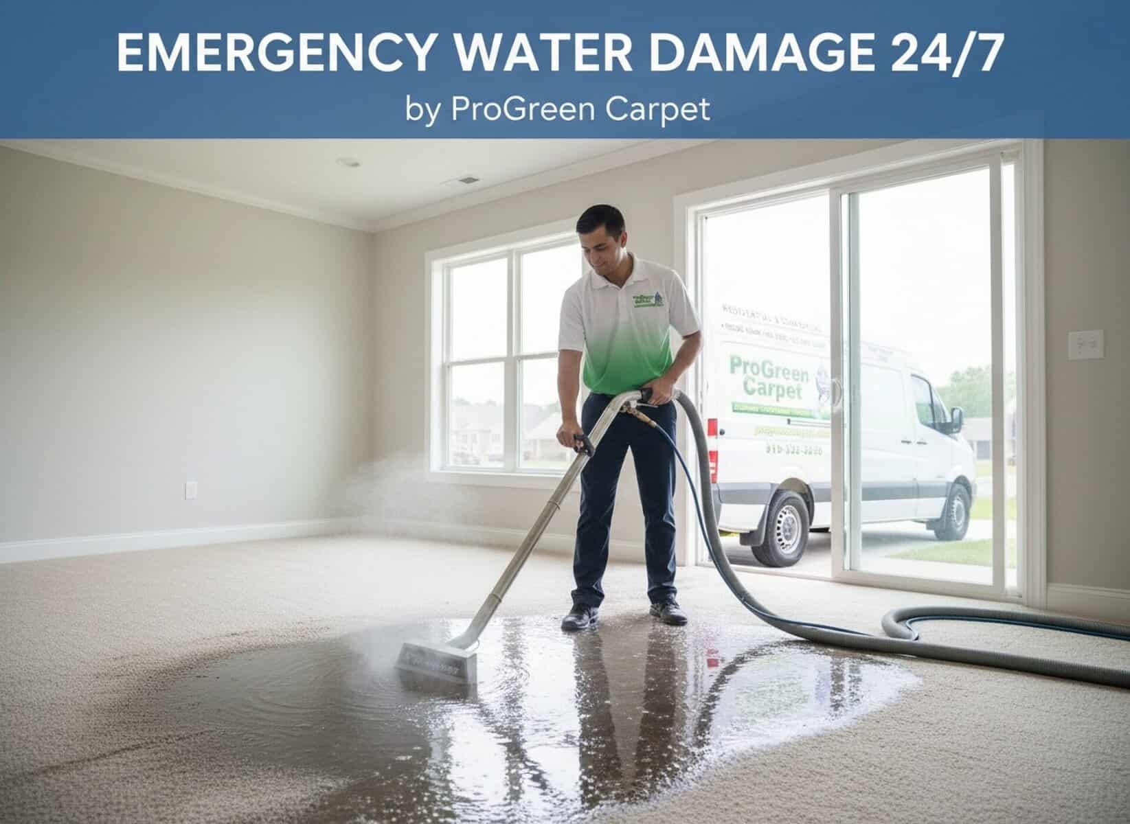 Emergency water damage restoration in Raleigh & Durham NC – ProGreen Carpet technician extracting water from flooded room