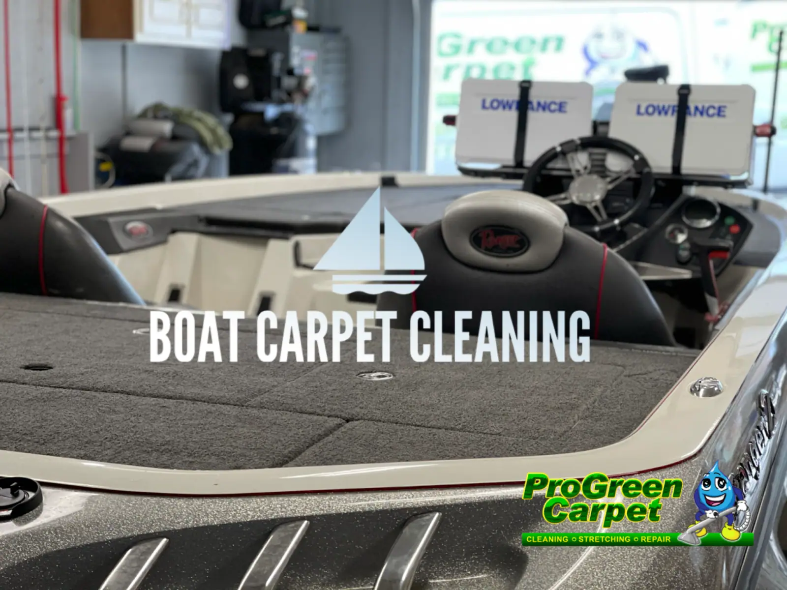 Boat carpet cleaning in Raleigh & Durham NC – ProGreen technician deep cleaning carpet on a boat
